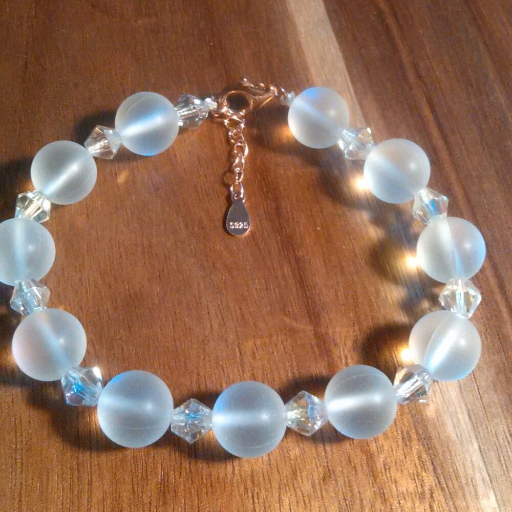 White Aurora Borealis and White Glass 14K gold over Sterling Silver Bracelet